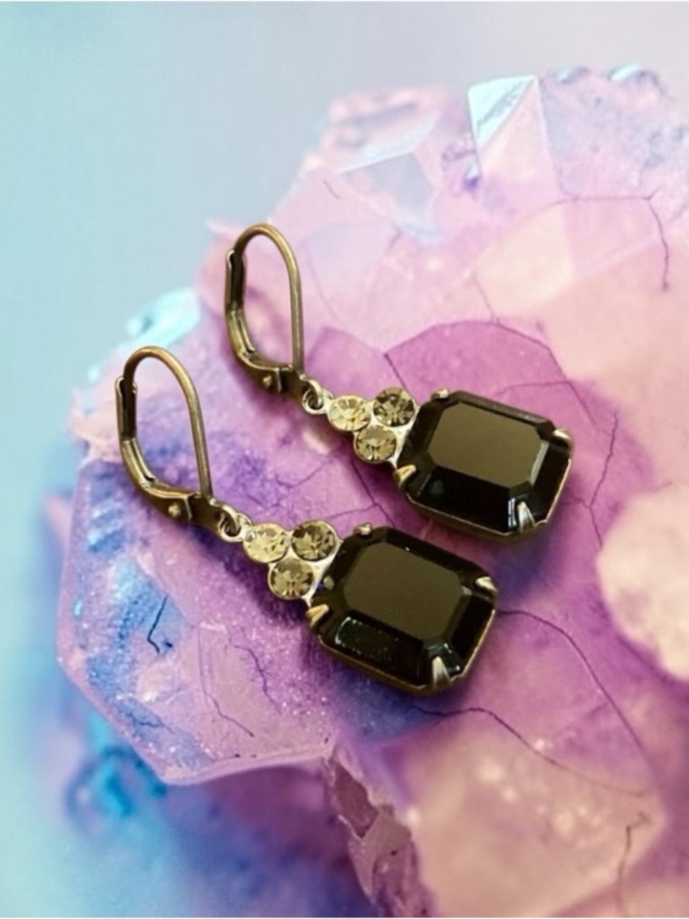 Large Black Vintage Austrian Crystal Drop Earrings NEW